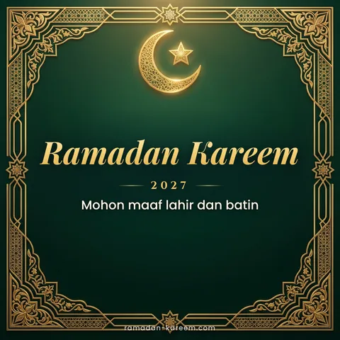Ramadan Kareem 2027 – Kartu hijau zamrud dengan bingkai Islami emas dan bulan sabit