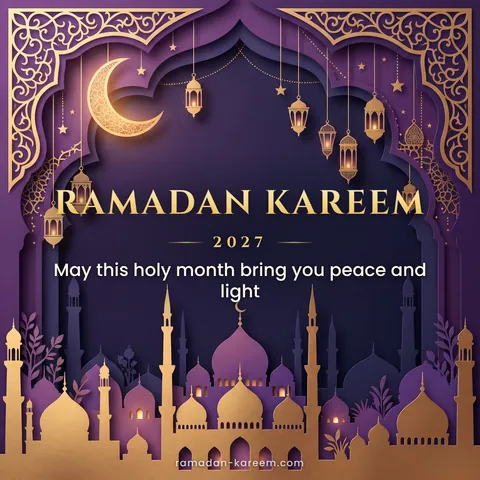 Ramadan Kareem 2027 – Purple and gold paper-cut mosque with lanterns