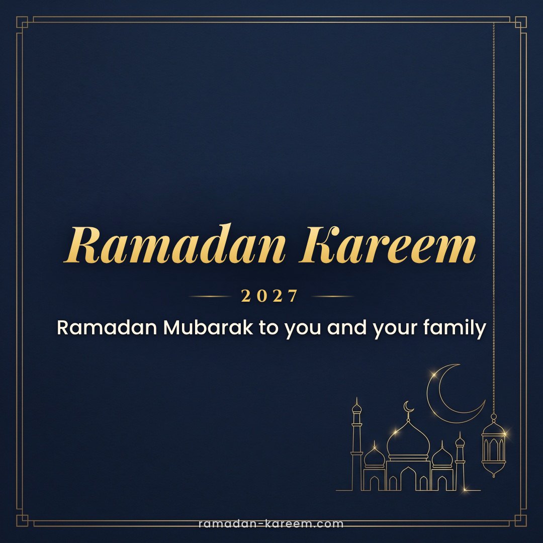 Ramadan Kareem 2027 – Navy and gold line-art card for work and business