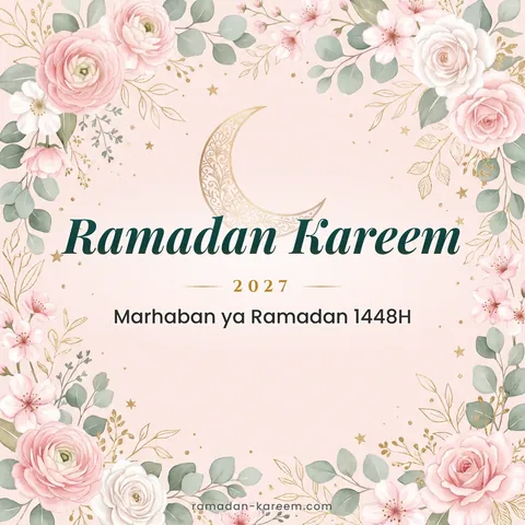 Ramadan Kareem 2027 – Kad bunga merah jambu dengan bulan sabit emas