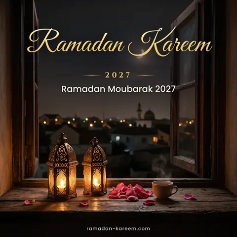 Ramadan Kareem 2027 – Deux lanternes sur une fenêtre face au croissant