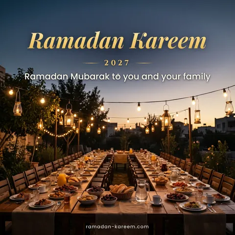 Ramadan Kareem 2027 – Outdoor iftar table under string lights at dusk