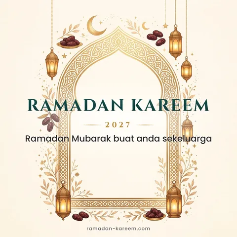 Ramadan Kareem 2027 – Kad jemputan berbuka puasa dengan bingkai gerbang emas